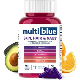 Colageno + Biotina 60 Capsulas | Formulado con Vitamina D3, Vitamina E y Vitamina C | Vitaminas para Mujer 100% Natural, Sin Gluten, Sin OMG | 2 caps diarias (1 mes) | Multivitaminico Mujer MULTIBLUE