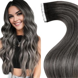 LaaVoo Real Hair Tape-In Extensions, Ombré Remy Hair Extensions, Balayage Silver with Black, 35 cm, 50 g/20 Pieces, #1b/silver