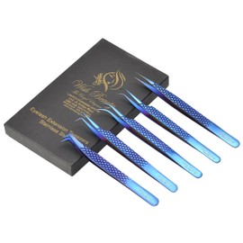 Wishbeauty Eyelash Extension Tweezers Set 5 PCS for Volume Lash Extensions Stainless Steel Eyelash Tweezers for Extensions - Blue