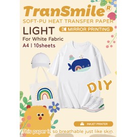 TRANSMILE PU-Heat Transfer Paper for T Shirts 1.0 A4 10 Sheets Printable Heat Transfer Vinyl for White Fabrics Iron on Transfers for Inkjet Printer Transparent and Firm(TS-H-L1.0-10)