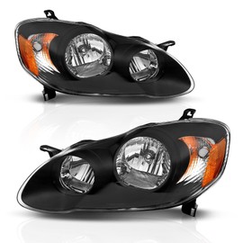 Headlight Assembly Fit Toyota Corolla 2003 2004 2005 2006 2007 2008 Clear Lens Black Housing Amber Reflector Headlamp Replacement Accessory Left and Right Pair