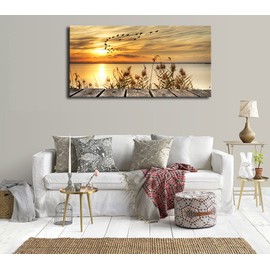 Wall Art Lake Sunset Canvas Art Autumn Nature Picture Dock Wooden Bridge Reeds Birds Flying Shore Dusk Contemporary Artwork for Bedroom Living Room Decoration Home Kitchen Office Wall Decor 20" x 40"