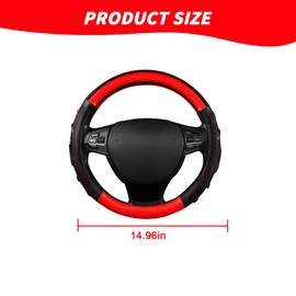 Mandark Car Steering Wheel Cover, Carbon Fiber Leather Vehicle Steering Wheel Protector, Sport Style and Anti-Slip Auto Interior Accessories, 15 Inch Universal for SUV, Truck, RV（Black/Red）