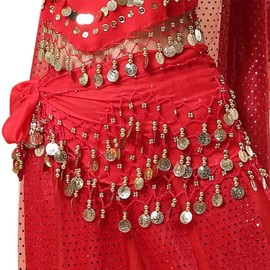 SDKZBFC Belly Dance Hip Scarf ，128 Gold Coins Chiffon Belly Dance Hip Scarf Dance Skirt Belt Waist Chain Red
