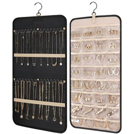 Hanging Jewelry Organizer Storage Roll - Upgraded Double-Sided Jewelry Holder with Hanger Metal Hooks for Earrings, Necklaces, Rings on Closet, Wall, Door, 1 piece (Balck(14.37 x 22.7in))