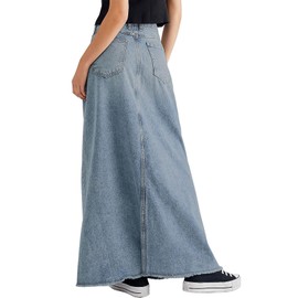 CHARTOU Women Vintage Denim Maxi Skirt Frayed Raw Hem High Waist A-Line Long Jean Skirt (Small, Light Blue)