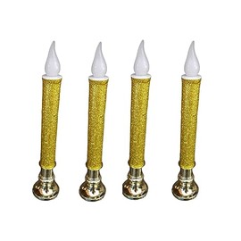 Set of 4 Battery Operated Christmas Window Led Candle with Timer Gold with Gold Base 9 inches Tall