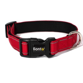 lionto Durable Nylon Dog Collar, Large, Soft Padded Collar for Dogs, 360° Reflective & Click Closure, Metal Ring & Adjustment by Continuous Slider, Red