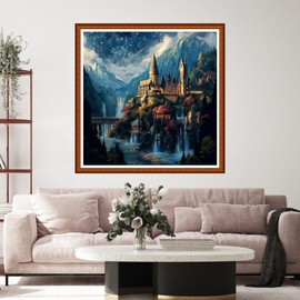 Funart Stamped Cross Stitch Kits for Beginners Full Range of Cross Stitching Preprinted Embroidery Kits for Adults, 11CT Embroidery Pattern Needlepoint Kits-Mountain Magic Castle 18x18 inch