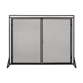 Roomfitters Durable Fireplace Screen with Mesh Double Doors, Freestanding Design for Spark Protection, Modern Metal Construction, Sleek Handles, Black