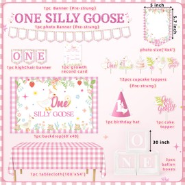 NANAGALI One Silly Goose Birthday Decor Girl, Pink Silly Goose Funny First Birthday Backdrop Balloons Arch Box High Chair Banner Bday Party Idea for Baby Girls