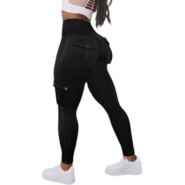 Madrirdma Women High Waist Cargo Leggings Workout Leggings Tummy Control Yoga Pants with Pocket Black