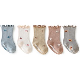 Eimmabey Baby Girls Toddler Socks Organic Cotton Socks Floral Pattern with Non-Skid Gripper for Fall Spring and Summer, 5 With Grip, 6-12 Months