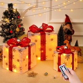 Livofloral LED Gift Box Set of 3, Christmas Decoration with 50 LEDs for Outdoor Use, Illuminated Christmas Box with Hairy Texture for Christmas, Gift Box Under Christmas Tree/Window/Garden Standing