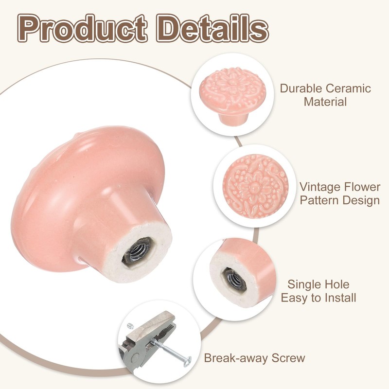 sourcing map 10Pcs Ceramic Knobs, 34mm/1.34" Flower Pattern Mushroom Knob