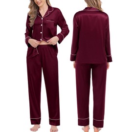 SWOMOG Couples Matching Pajamas Sets Women & Men Silk Satin Long Sleeve Button Down Sleepwear 2 Pcs Classic Loungewear Women Deep Wine Red Medium