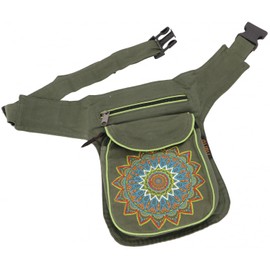 GURU SHOP Fabric Sidebag & Waist Bag Mandala, Goa Belt Bag, Bum Bag from Nepal - Black/Red, Men/Women, Cotton, 25 x 20 x 4 cm, Festival Bum Bag Hippie, olive green, Unit size, Casual