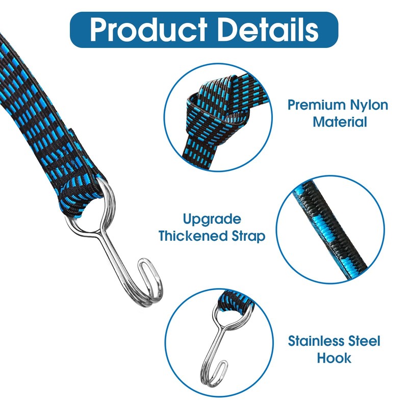6 Pieces Thickened Bungee Cords Flat with Hooks, Large Rubber