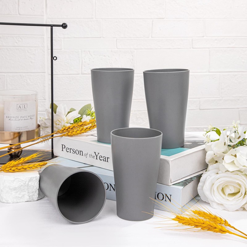 EI 8pcs Dark Grey Wheat Straw Cups,15oz Plastic Reusable Cups,Unbreakable