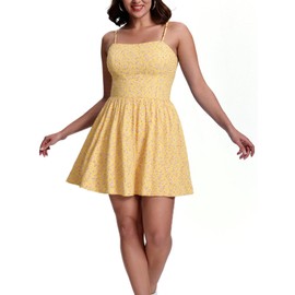SeSe Code Summer Dresses for Women Spaghetti Strap Mini Sun Dress Casual Beach Sundress with Pockets Yellow Floral M