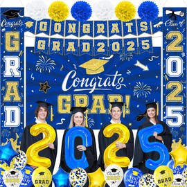 Graduation Party Decorations blue and gold Class of 2025 Graduation Party Supplies Include Banner, Hanging Swirls, Porch Sign, Foil Fringe Curtain, Paper Pompoms