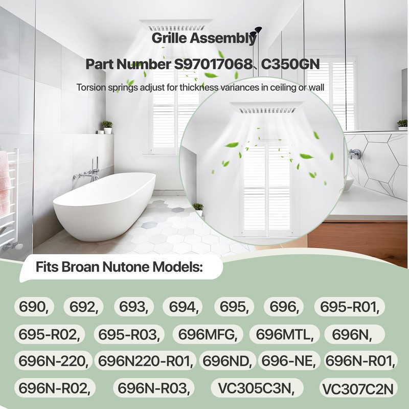 C350GN Bathroom Plastic Grille Cover with Springs for Broan-NuTone 695