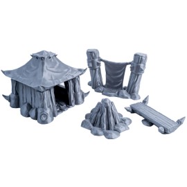 3D Vikings Orc Camp Set: Rustic Cabin, Battle Banner, Cosy Campfire and Wooden Bench - 28/32mm Scale, Unfinished Grey - Ideal for Tabletop RPGs and War Games