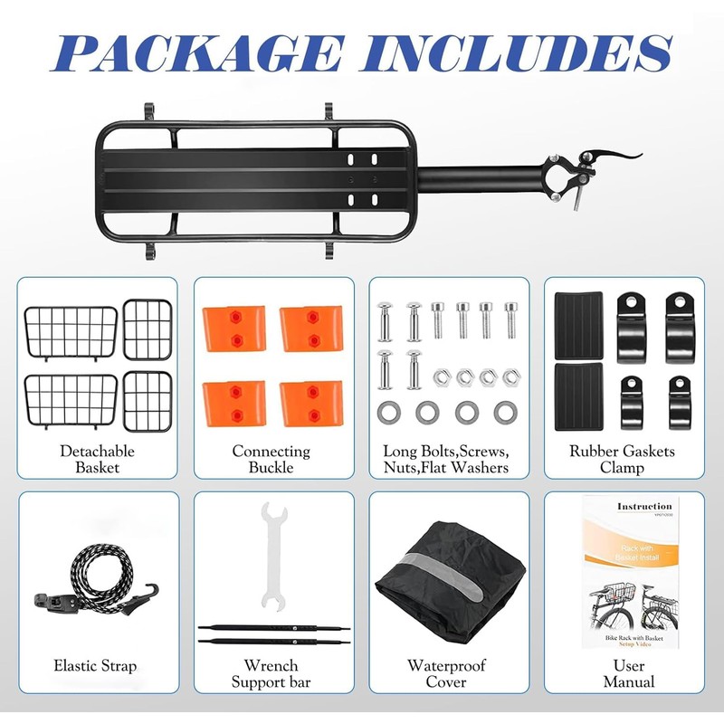 Rear Bike Rack with Basket for Bicycles, 165 lbs Load