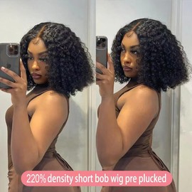 Curly BOB Wig Human Hair 220 Density 13x4 HD Lace Front Deep Wave Wigs for Black Women Glueless Wear and Go Pre Plucked Deep Wave Wet and Wavy Glueless Wigs Human Hair Natural Black 10 Inch