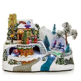 Premier Large LED Light Up Christmas Animated Traditional Village Snow Scene with Three Rotating Turntables - Santa Sleigh & Skaters - 24cm Wide