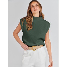 ANRABESS Women's Mock Neck Sleeveless Sweater Vest Casual Cap Sleeve Knit Pullover Tank Tops 2025 Fall Clothes Green-S