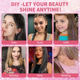 36-Piece Pink Hair Tinsel Extensions Clip-In Fairy Hair Glitter Shiny Sparkly Fairy Tinsel Hair Extensions Accessories for Girls Kids Women for Festivals and Daily Use