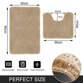 Ceneco Bath Mat Set,Washable Bathroom Mat Sets 2 Piece - Non Slip Bath Mats & Water Absorbent Toilet Mats, Beige Microfiber Bathroom Rug, Thick Fluffy Toilet Pedestal Set(Beige,U40×50cm+50×80cm)