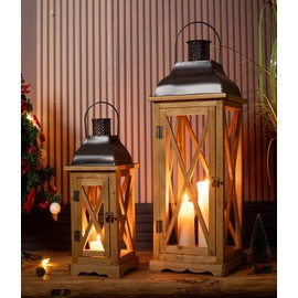 Venalys Farmhouse Wooden Metal Candle Lantern Set of 2, Rustic Large Decorative Floor Lanterns, Indoor/Outdoor Hurricane Lantern for Home Decor (No Glass)