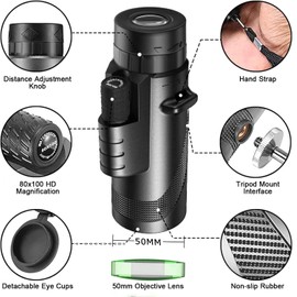 80x100 Monocular Telescope for Adults - High Powered HD Monocular with Smartphones Tripod Adapter, Low Light Vision for Adults - for Wildlife, Bird Watching, Hunting, Hiking-Black