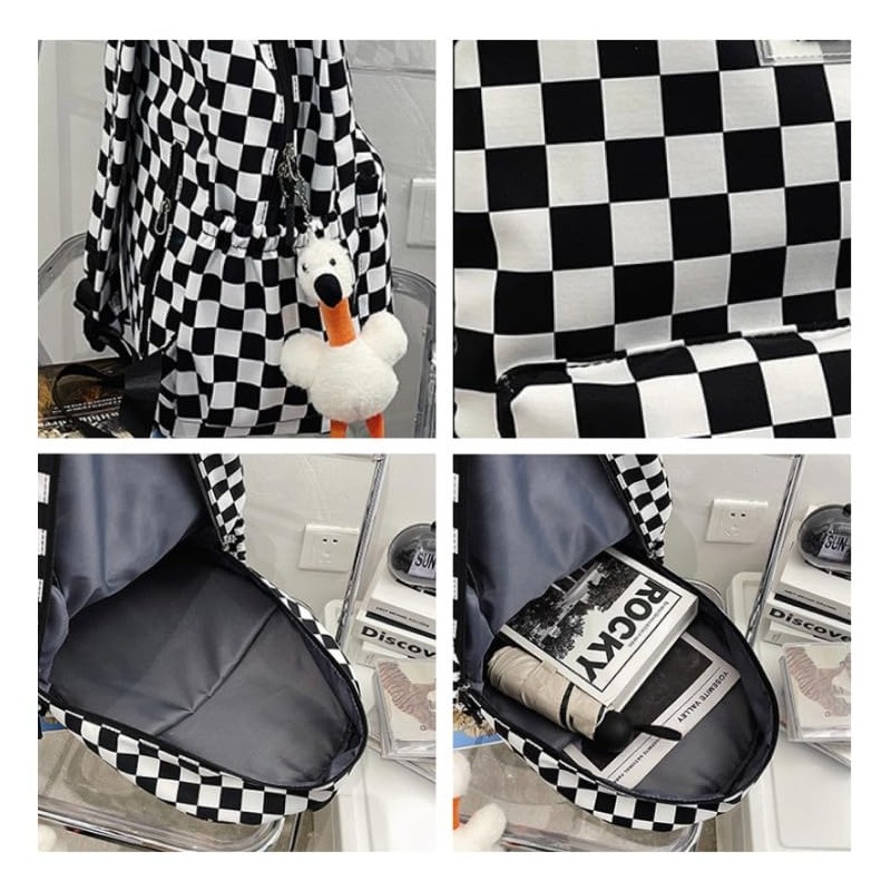 MININAI MININAI Y2K Aesthetic Checkered Backpack with Kawaii Pendant Checkerboard