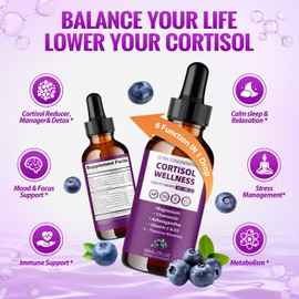 TACRTRY Cortisol Supplements for Women,10 in Cortisol Detox Manager Reducer with Magnesium, Ashwagandha, L-theanine, Hormone Balance Liquid Drops - Mood, Focus, Sleep - 2 FL.OZ, Blueberry Flavor