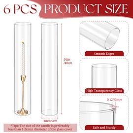6 Pcs Hurricane Candle Holder Sleeve, H:16" D:3" Bottomless Glass Cylinder Candleholder Tall Clear Glass Cylinder Open Both Ends, Chimney Tube Cover, Open Ended Candle Shade