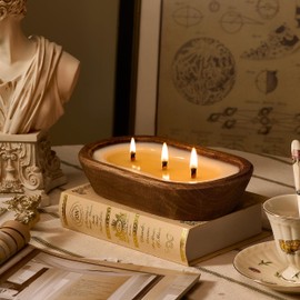 Woodronic 3 Wick Dough Bowl Candle, Vanilla Scented Candle with White Wooden Bowl, 10 Inch Large Soy Wax Candle for Home Decor, Living Room, Bedroom, Perfect Gifts for Men & Women