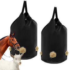 MJFSGYO 2 PCS Goat Hay Feeder,Slow Feed Hay Bags for Goats,Horses,Donkey,1680D Oxford Fabric Large Capacity Hay Feed Bags, Innovative Full-Circle Leather Holes Resist Biting Design (5 Holes)