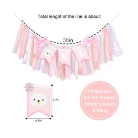 Polar Bear High Chair Banner,Winter Onederland Birthday Decorations,Arctic Girl 1st Birthday Highchair Banner,Silver Snowflakes Pink Ribbon Banner,Polar Bear First Icicle Birthday Photo Prop