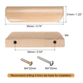 sourcing map Pack of 4 Wooden Handles 64 mm / 2.52 Inch Hole Spacing for Kitchen Furniture Drawer Wardrobe Cabinet