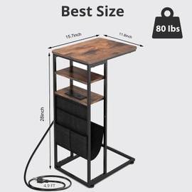ZEXVIDA C Shaped End Table with Charging Station, 28"(H) 3-Tier C Table with Storage Bag, Slide Under Couch Table Sofa Tray Table TV Tray Sturdy C-Shaped End Table for Living Room, Bedroom, or Office