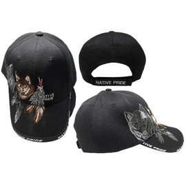 Native Pride Indian Wolf Shadow Feather Black 100% Cotton Adjustable Embroidered Hat Cap