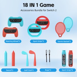 Switch 2 Sports Accessories Bundle, 14-in-1 Switch Sports Accessories Bundle for Switch 2 Joy-Con with Tennis, Golf, Steering Wheel, Sword- Motion Control Game Kit for Switch Sports & Fitness Games (Red & Blue (18 in 1))