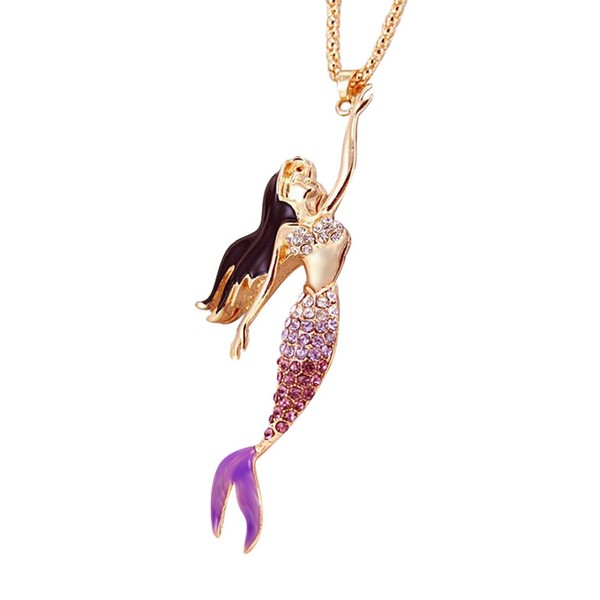 Uloevdio Purple CZ Crystal Charm Mermaid Necklace Pendant for Women
