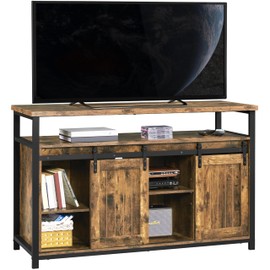 Topeakmart Farmhouse TV Stand for 55 in TV, Tall Entertainment Center w/Sliding Barn Doors & Open Storage Cabinets, Industrial TV Cabinet for Living Room, Rustic Brown, 47 Inch