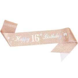 16th Birthday Decoration Sash for Girl,Rose Gold Sash Long with White Happy Birthday Letters for Birthday Supplies (Rose Gold 16th)