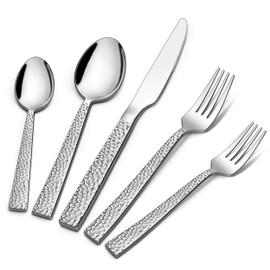 LIANYU 50-Piece Silverware Set for 10, Stainless Steel Flatware Set, Hammered Square Cutlery Eating Utensils for Home Party Wedding, Dishwasher Safe, Mirror Finished