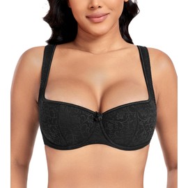 DotVol Women's Lightly Padded Balconette Bra Lace Demi Balcony Push Up Underwired Bralette(Black#1,32B)